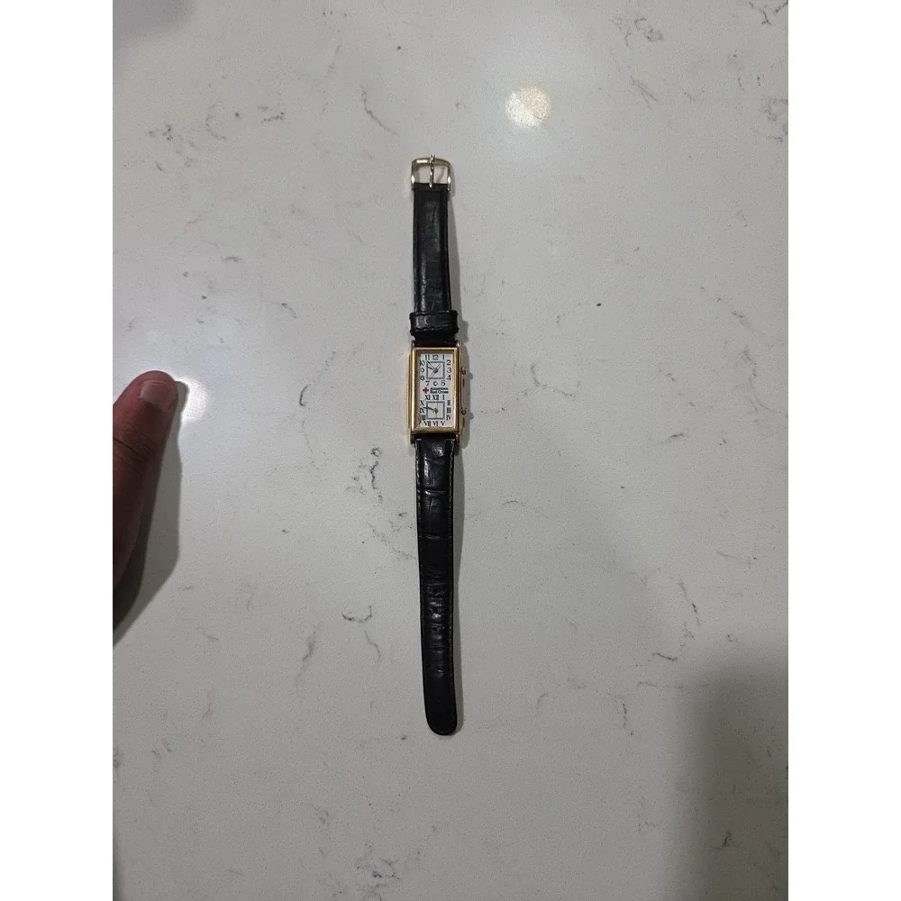 American Red Cross Dual Time Watch Black Leather Band Gold Case Japan Mens